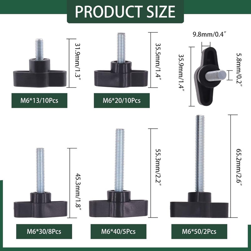 Keadic 35 Pcs M6 5 Sizes Clamping Screw Knob Thumb Screws Assortment Set Carbon Steel 36# Threaded Knurled Thumbscrew Screw on Tee Wing Plastic Knob-M6 x [13-50] mm - Image 2